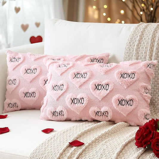 Artscope Valentines Pillow Covers 12x20 Set of 2 Decorative Love Heart XOXO Valentine's Day Throw Pillow Cases Soft Plush Faux Fur Couch Cushion Case for Holiday Sofa Bed Room Home Decor-Pink XOXO