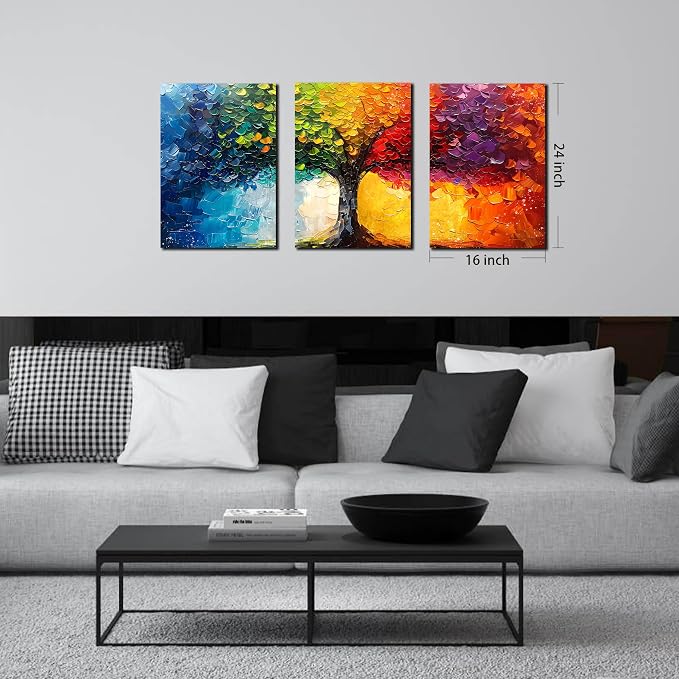 HUBOSKN Tree Art Pictures for Wall in Living Room - Colorful Canvas Wall Art for Bedroom - 3 Piece Wall Decor Size 16" x 24"