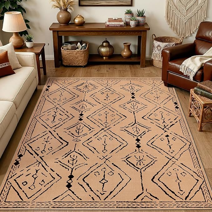 jinchan 5x7 Faux Jute Area Rug Washable Moroccan Living Room Rug Warm Taupe | Neutral Boho Geometric, Non-Slip, Low Pile, Indoor Outdoor, Natural Fiber Look, Dining Room, Deck, Backyard, Bedroom, Patio