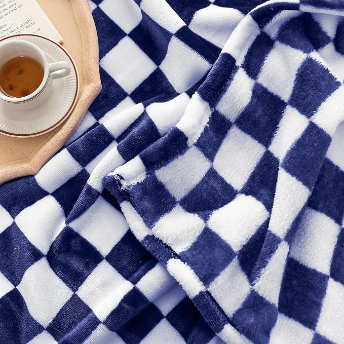 LOMAO Throw Blankets Flannel Blanket with Checkerboard Grid Pattern Soft Throw Blanket for Couch, Bed, Sofa Luxurious Warm and Cozy for All Seasons (Dark Blue, 40"x60")