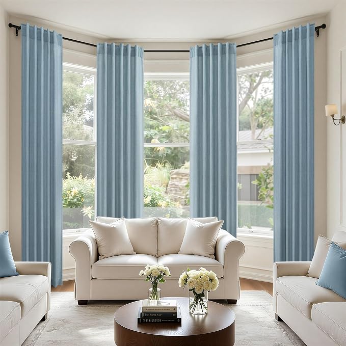 Blue Curtains 38 Inch Width for Kitchen Door 2 Panels Back Tab Rod Pocket Semi Sheer Linen Skinny Light Blue Small Curtain for Bedroom Laundry Bathroom Side Windows Country Farmhouse Wide 38x63 Length