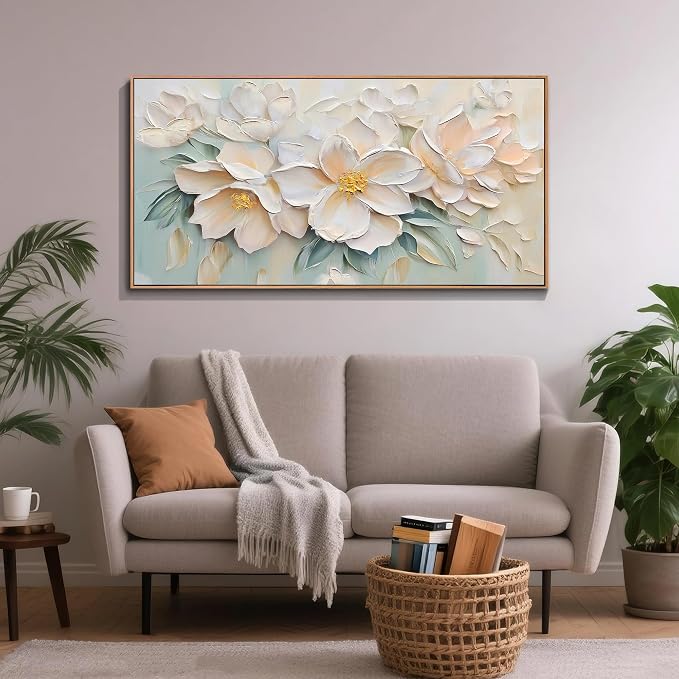 Anolyfi Framed Floral Extra Large Canvas Wall Art for Living Room 58"x29" | Real Wood Framed,HD Print and Hand-painted Textured, Easy to Hang, Botanical Sage Paintings for Hallway Bedroom Office Decor