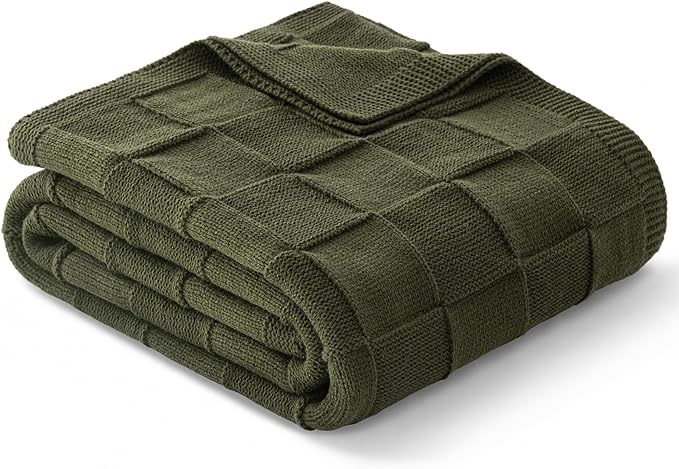 Whale Flotilla Checkered Knit Throw Blanket for Couch, Olive | Soft Decorative Knitted Blankets for Couch Sofa Bed, Lightweight Cozy Throws for Spring Summer, 60x80 Inch