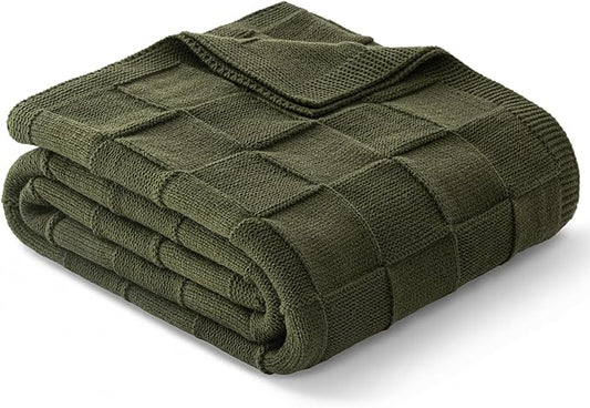 Whale Flotilla Checkered Knit Throw Blanket for Couch, Olive | Soft Decorative Knitted Blankets for Couch Sofa Bed, Lightweight Cozy Throws for Spring Summer, 60x80 Inch