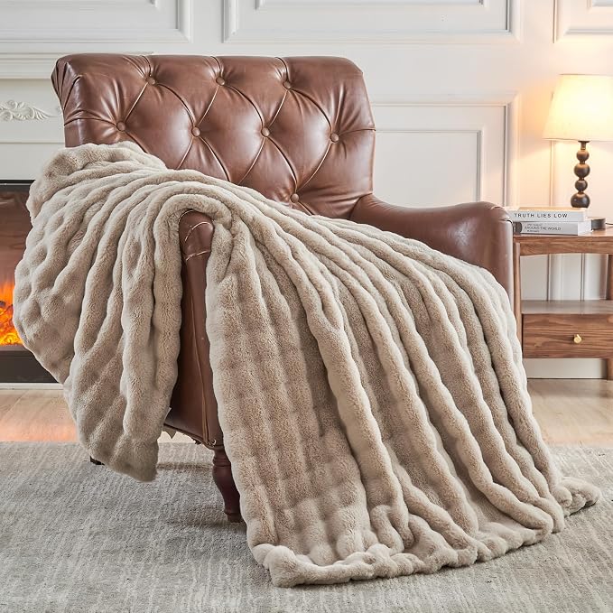 NEWCOSPLAY Faux Fur Fluffy Bubble Twin Blanket for Couch, Linen, 60"x80" | Soft Thick Warm Bubble Blanket for Couch Sofa Bed 550GSM, Plush Cozy Luxury Decorative Throw, Gift for Women Men