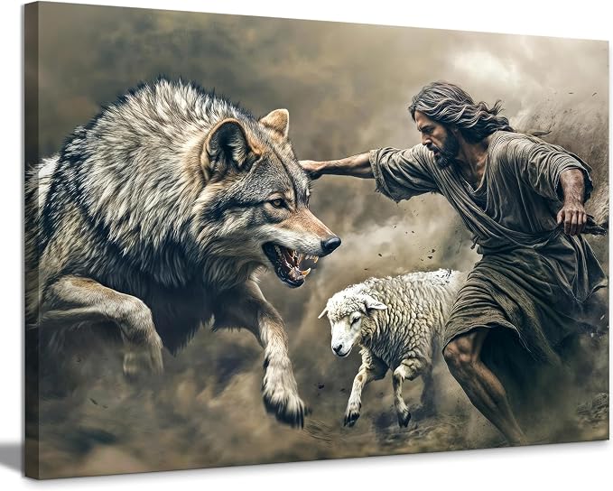 Jesus Saves the Lost Lamb Canvas Wall Art Jesus Lamb Wolf Painting Picture Wall Decor The Shepherd's Protection Wolf Poster Print Artwork Christ Art for Living Room Bedroom Church Home Decoration