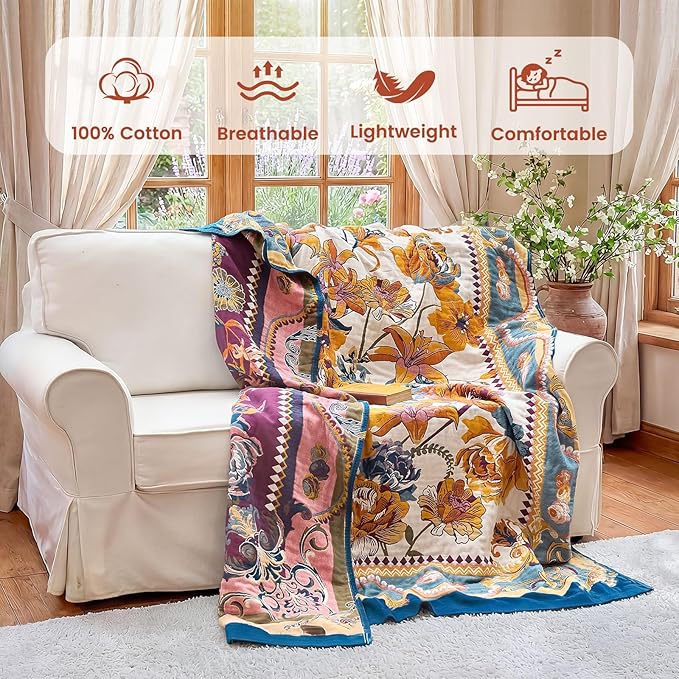 MSGKV Boho Throw Blanket 50"x60" Summer Cotton Victoria Floral Blanket | 100% Cotton Muslin, Victoria Floral Throw, Reversible Weave, Soft & Breathable, Cozy Home Accent, Machine Washable