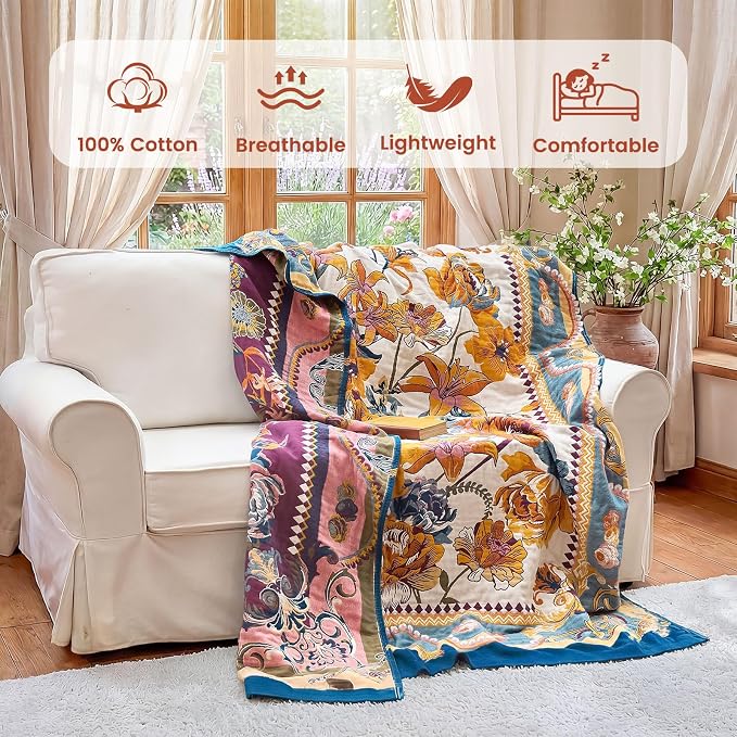 MSGKV Boho Throw Blanket 90"x90" Summer Cotton Victoria Floral Blanket | Muslin Throw, Victoria Floral, Reversible Woven, Lightweight Comfort, Farmhouse Decor, All Seasons, Machine Washable