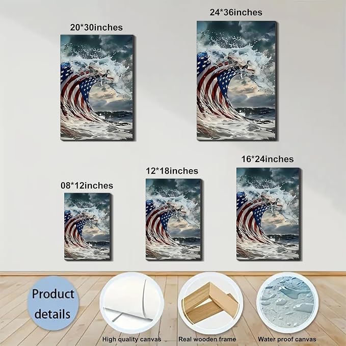 Framed American Flag Ocean Wave Wall Art, Patriotic Abstract Canvas Art Pictures, USA Flag Wall Decor, Made in USA Ready to Hang for Living Room Bar