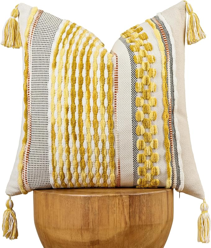AmHoo Chenille Striped Textured Boho Throw Pillow Covers Aesthetic with Tassels Woven Decorative Pillow Case for Couch Bed Sofa Bedroom Modern Funky 18 x 18-Inch Yellow