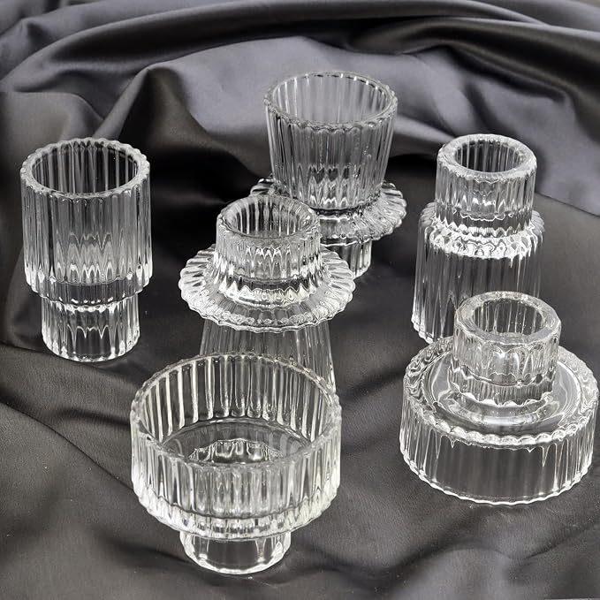 Clear Candlestick Holders 12PCS Ribbed Glass Taper Candle Holders for Tealight Stick Candles Table Centerpieces Thanksgiving Christmas Indoor and Outdoor Decorations