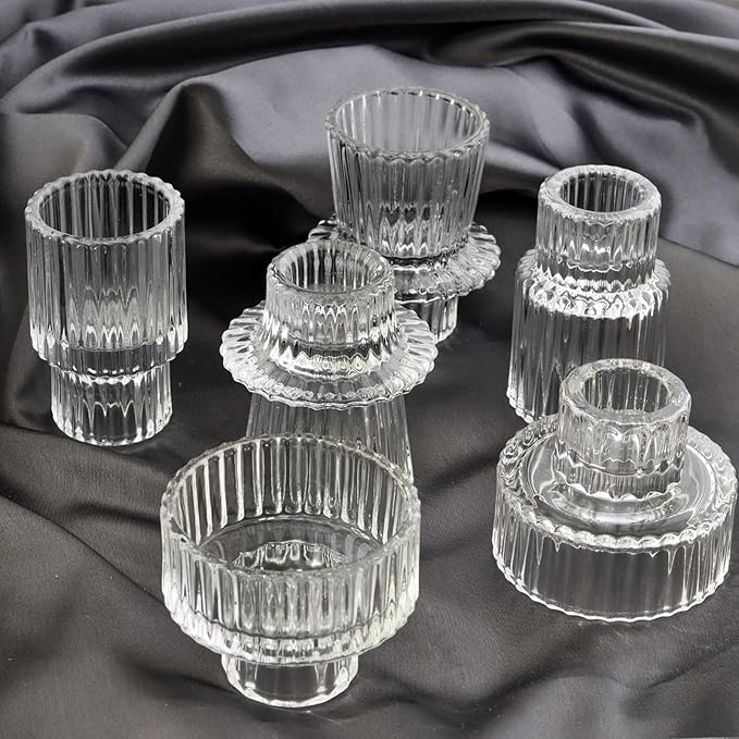 Ribbed Glass Candlestick Holders 6PCS Clear Candle Stick Holders for Tealight Taper Candles Dining Table Centerpieces Holiday Decoration