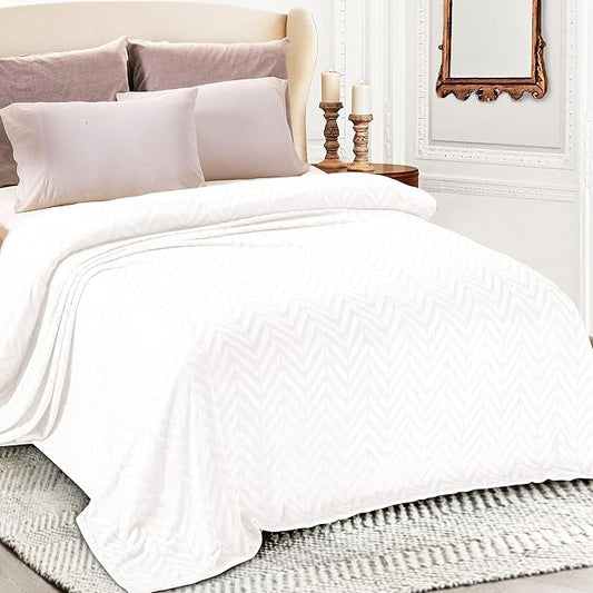 Whale Flotilla Flannel Fleece Bed Blanket Queen Size, White | Lightweight Breathable Soft Bedspread, Plush Fluffy Coverlet Chevron Design Decorative Blanket for All Season, 90x90 Inch