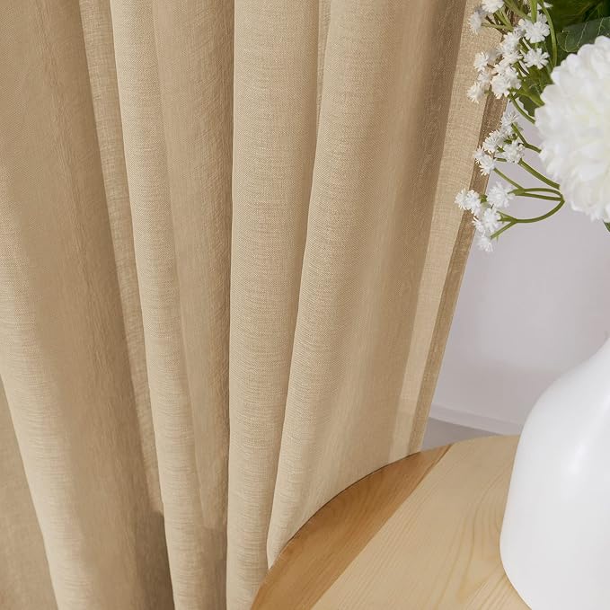 Tollpiz Short Sheer Curtain Living Room Linen Textured Curtains Sheer Light Filtering Voile Rod Pocket Curtain for Bedroom, 38 x 54 inches Long, Beige, Set of 2 Panels
