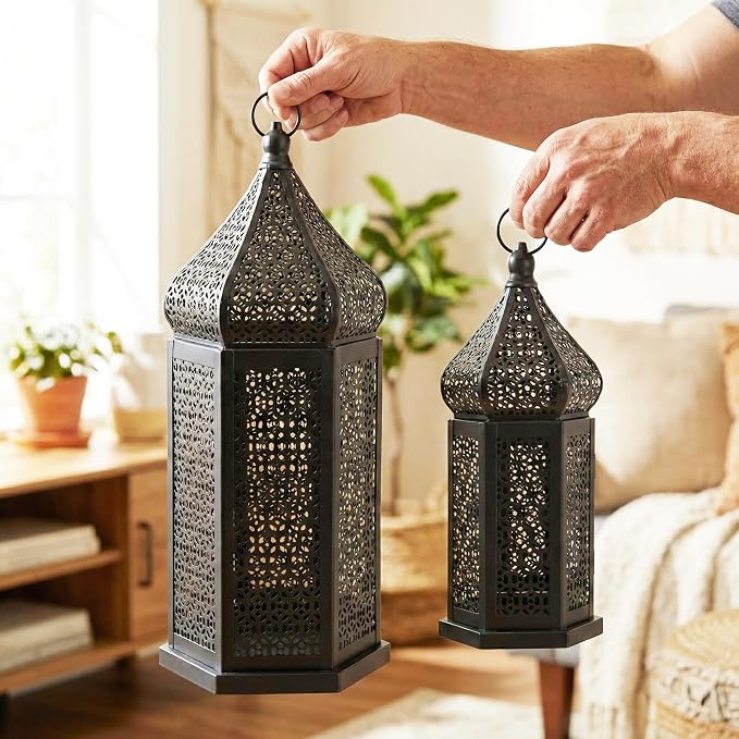 Vela Lanterns Decorative Indoor Black Moroccan Temple Lanterns, Set of 2