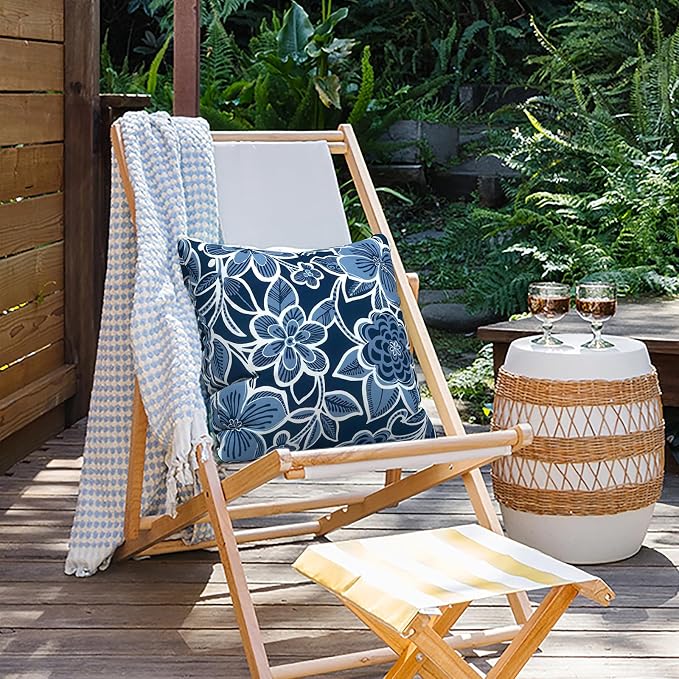 Outdoor Pillow Covers for Patio Furniture 20x20 Inch, Decorative Patio Throw Pillow Covers Set of 2, Modern Square Cushion Cases for Porch Garden Home Office,Flower Navy