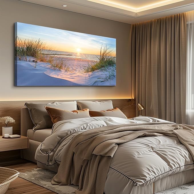 MHARTK66 Wall Decor for Living Room Large Canvas Wall Art for Bedroom Modern Office Pictures Blue Sun Beach Grass Ocean Landscape Paintings Canvas Art Prints Home Decorations