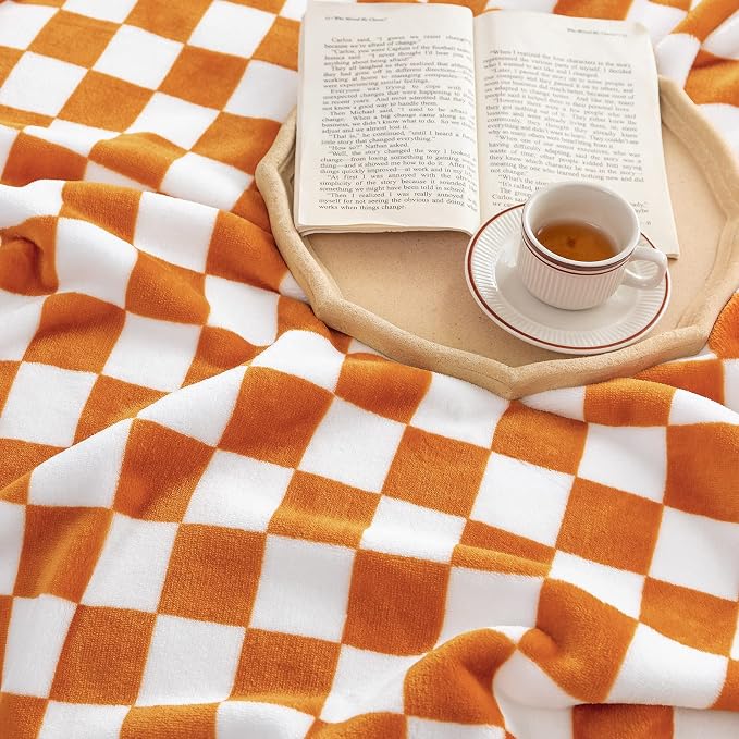 LOMAO Throw Blankets Flannel Blanket with Checkerboard Grid Pattern Soft Throw Blanket for Couch, Bed, Sofa Luxurious Warm and Cozy for All Seasons (Orange, 90"x110")