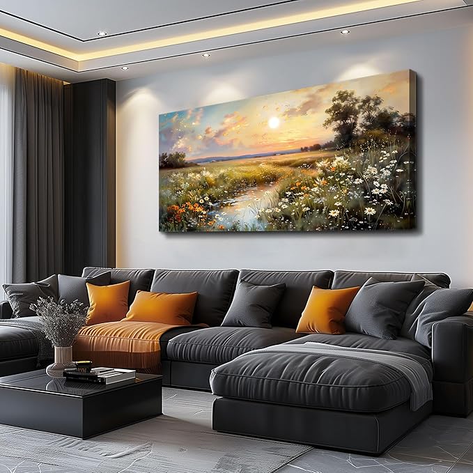 hyidecorart Vintage Farmhouse Wildflower Wall Paintings Canvas Wall Art for Living Room Wall Decor for Bedroom Office Decorations Nature Landscape Picture Artwork Aesthetic Home Decor Ready To Hang