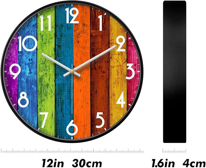 Silent Non-Ticking Analog Wall Clock, Colorful Wood Print, 12'' | Battery Operated, Modern, Metal Frame & HD Tempered Glass, Decorative for Home & Office, Bedroom, Kitchen, Living Room