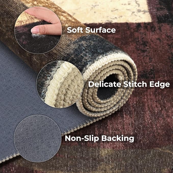 Yamaziot 9x12 Washable Modern Abstract Area Rug Non-Slip Living Room Rug | Stain Resistant, Low Pile, Ultra Soft Carpet Rug with Rubber Backing for Dining Room, Nursery, Bedroom, Office, Brown