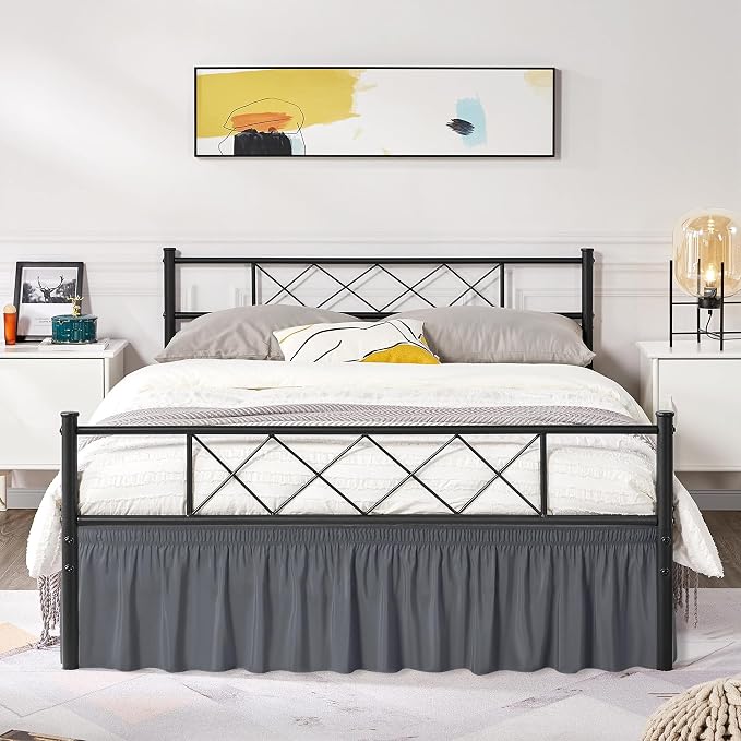 Wrap Around Full Size Bed Skirt Split Corners 17" Drop-Elastic Dust Ruffle | Dark Grey Adjustable Pleated Bedskirt-Easy Fit Wrinkle Resistant Washable Bed Skirting-Hotels Apartment Guest Bedroom Canopy