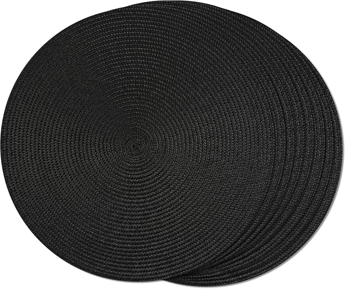 FunWheat Round Braided Placemats Set of 8 Place Mats for Dining Table Woven Washable Non-Slip Table Mats 15 Inch(Black,8pcs)