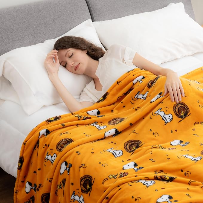 Berkshire Blanket Peanuts® VelvetLoft® Cute Character Snoopy Plush Blanket,Snoopy and Woodstock Fall Birds & Leafs Orange,Twin 60 in x 90 in (Official Peanuts® Product)