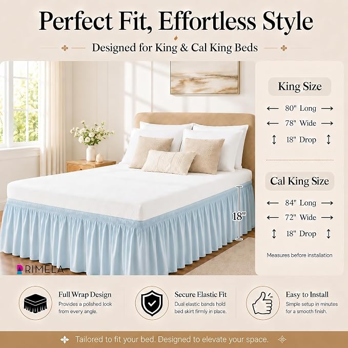 Blue Bed Skirt King Size 18 Inch Drop, Elastic Wrap Around Bedskirt | Solid Ruffled, Easy to Use, No Mattress Lifting, Wrinkle & Fade Resistant, with Adhesive Strips, Machine Wash/Dry/Iron