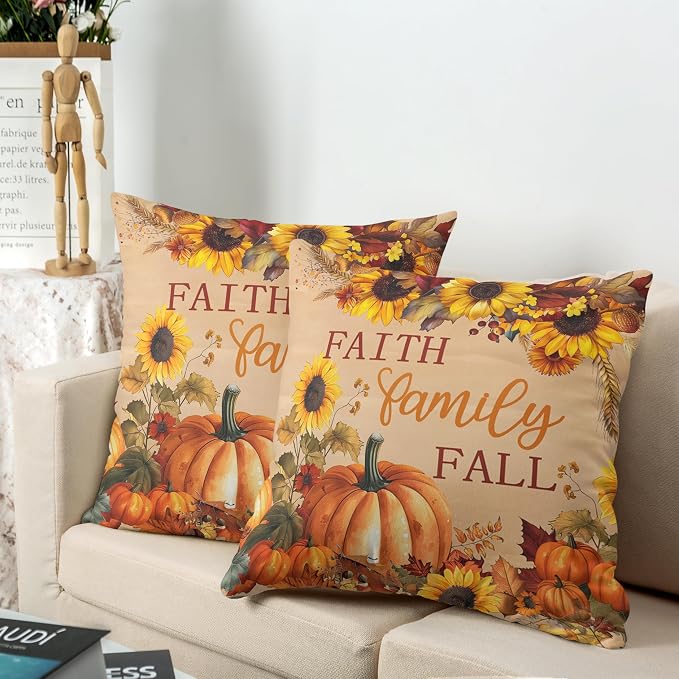 Fall Pillow Covers Pumpkin Sunflower Throw Pillow Covers Autumn Thanksgiving Harvest Pillow Case 24x24 Set of 2 Double Sided Printing Cushion Case for Couch Sofa