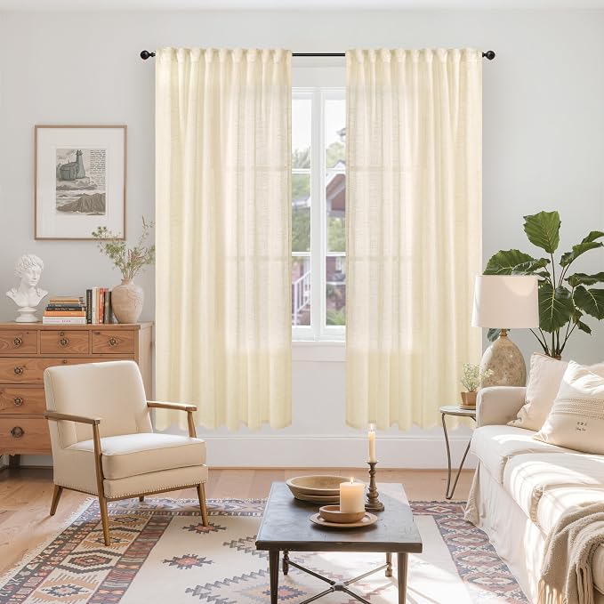 YoungsTex Linen Semi Sheer Curtains 72 Inch Length Cream Beige Drapes | Light Filtering Drapes Textured with Rod Pocket Back Tab Lightweight for Bedroom Living Room Window, 2 Panels, 52 X 72 Inch