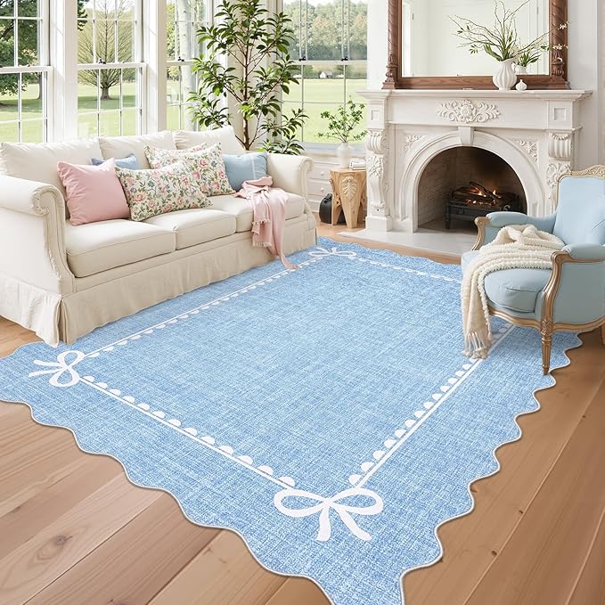 COZYLOOM Large Area Rug 9x12 Nursery Rugs Machine Washable Area Rugs for Living Room, Non Slip Stain Resistant Scalloped Bow Carpet, Non Shedding Low Pile Solid Mats for Bedroom, Dining Room, Blue