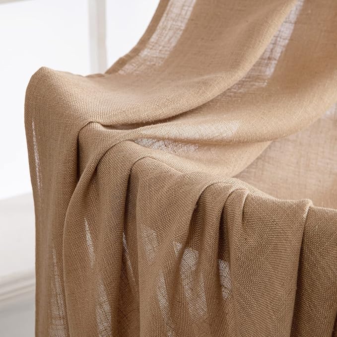MIULEE Light Brown Linen Curtains 52x63 Inch Long 2 Panels for Living Room | Bedroom, Soft Thick Linen Textured Kitchen Window Drapes, Semi Sheer Light Filtering, Back Tab Rod Pocket, Burlap Look Decor