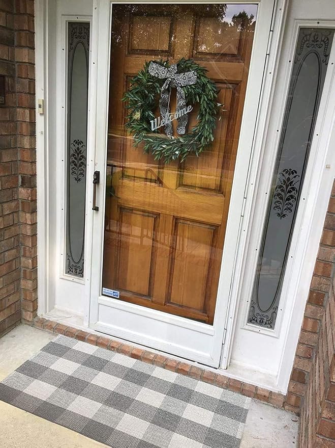 LEVINIS Buffalo Check Rug -Grey and White Plaid Door Mat Outdoor - Farmhouse Rugs for Front Porch/Kitchen/Bathroom- Large Layered Welcome Doormats, 59''x35.4''