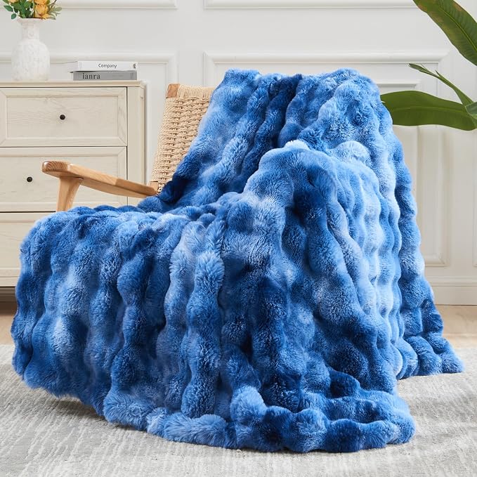 NEWCOSPLAY Faux Fur Bubble Twin Blanket for Couch, Tie-Dye Indigo, 60"x80" | Fluffy Soft Thick Warm Bubble Blanket for Couch Sofa Bed 700GSM, Plush Cozy Luxury Decorative Throw, Gift for Women Men