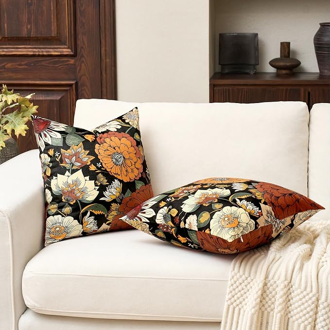 Tyrot Black Boho Floral Fall Velvet Throw Pillow Covers 16x16 Inch Set of 2 Farmhouse Cushion Covers Mid Century Modern Botanical Home Decor Pillow Cases for Couch Bed Sofa Living Room, Bedroom