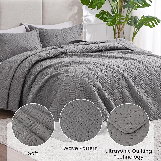 Love's cabin Twin Quilt Bedding Set Grey Bedspreads - Soft Bed Summer Lightweight Bedspread Comforter - Wave Pattern Bedding Coverlet for All Season - 2 Pieces (1 Quilt, 1 Pillow Sham)