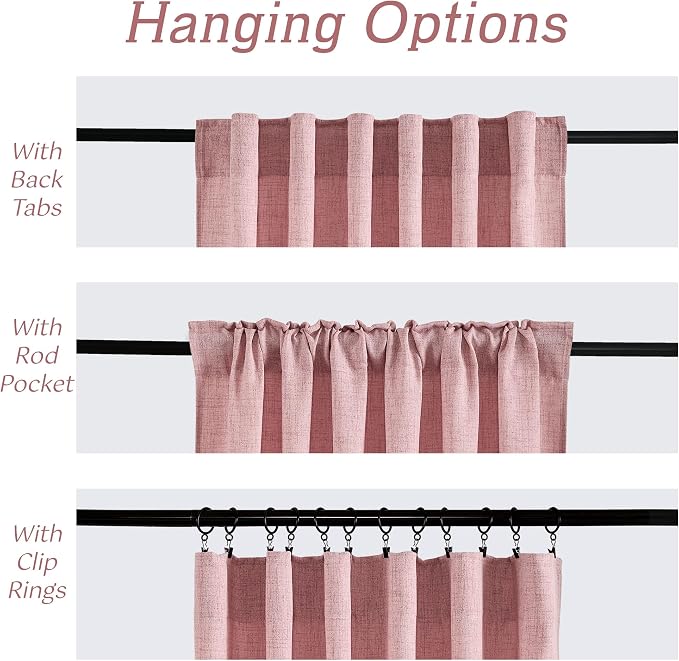 RYB HOME Linen Semi Sheer Curtains for Bedroom Living Room 96 inches Long | Light Filtering Privacy, Farmhouse Rustic Decor, Office Balcony Sliding Glass Door, W52 x L96, 2 Panels, Peach Blush