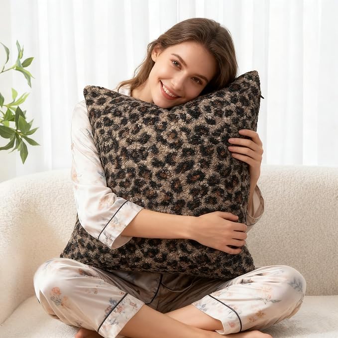 cygnus Cheetah Print Boucle Throw Pillow Covers 18x18 Inch | Set of 2 Soft Fuzzy Curly Textured Decorative Pillowcase, Leopard Pillows for Living Room Bedroom Stockholm Home Decor