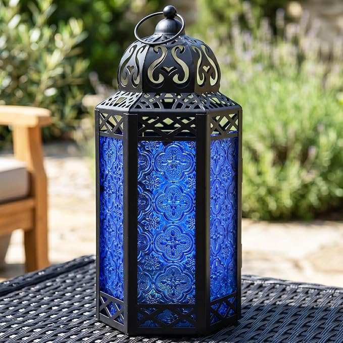Vela Lanterns Decorative Indoor Fairy Light Candle Holder, Cobalt Blue, L | Wedding Table Centerpieces, Fantasy Moroccan Decor, Ramadan & Eid, Metal Hanging Lamp, Bathroom, Porch Patio, 12" Tall