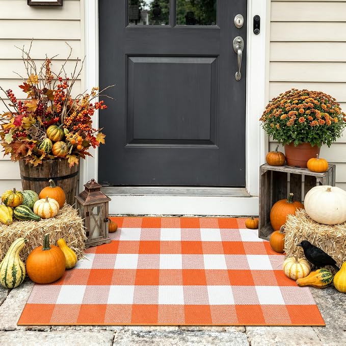 LEEVAN Halloween Door Mat, Orange Buffalo Plaid Fall Front Porch Decor Rug | 2'4" x 3'7" Layered Doormat, Washable Thanksgiving Checkered Welcome Door Mat for Entryway Kitchen Bathroom