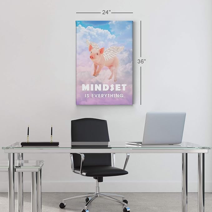 Smile Art Design Mindset is Everything Cute Pig with Wings Flying in Sky Motivational Canvas Wall Art Inspirational Wall Art Entrepreneur Quote Print Office Living Room Decor Gift Ready to Hang 40x30