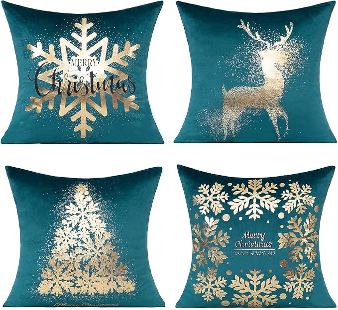 All Smiles Teal Gold Christmas Decorations Throw Pillow Covers Cases 18X18 Set of 4 Turquoise Xmas Indoor Home Décor Ornaments Velvet Navidad Cushion for Sofa Couch Tree Snowflake Reindeer