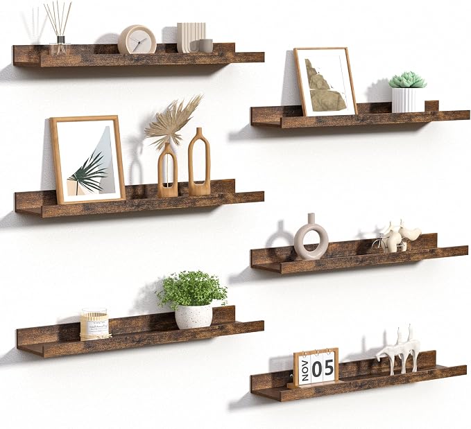 upsimples Floating Shelves for Wall Decor and Storage, Brown, 6Pcs 23.6''