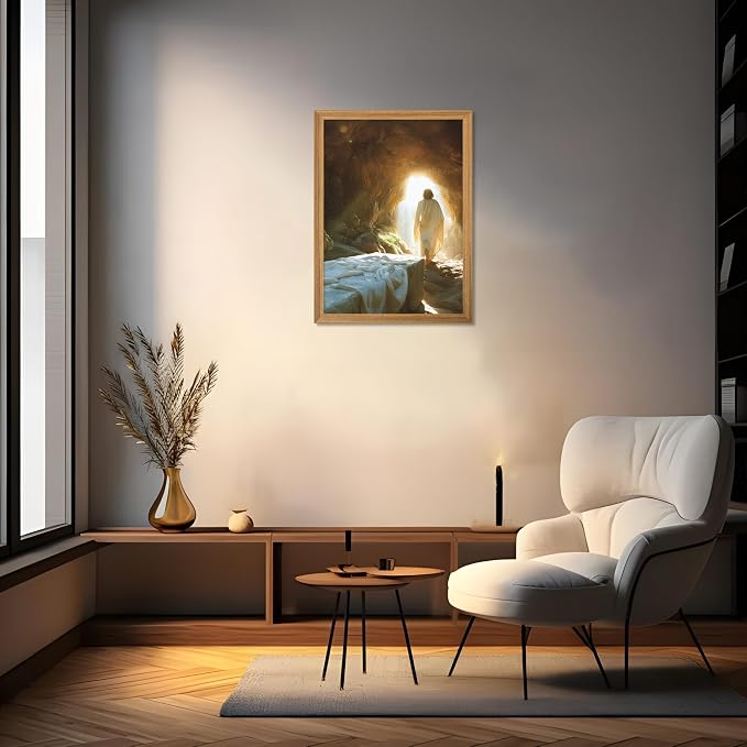 3D Textured Framed Easter Jesus Wall Art, Jesus Leaves the Tomb Christian Wall Decor Painting, Religion Resurrection Savior Picture Poster Print for Church Prayer Room Living Room 12x16 Inch