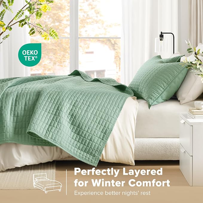 Comfort Spaces Kienna Queen Quilt Bedding Set 3 Piece, 90"x90" Sage Green | Soft Cozy Lightweight Summer Coverlet Full Size, Quilted Bedspreads Extra Layer, Modern Casual Bedroom Decor, OEKO-TEX