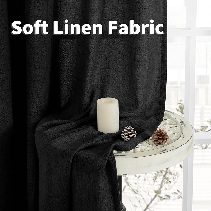 YoungsTex Black Linen Curtains 40 Inches Long for Kitchen Cafe Window | Short Semi Sheer Drapes with Rod Pocket Back Tab Gothic Decorative for Bedroom Bathroom, 2 Panels, 42 X 40 Inch