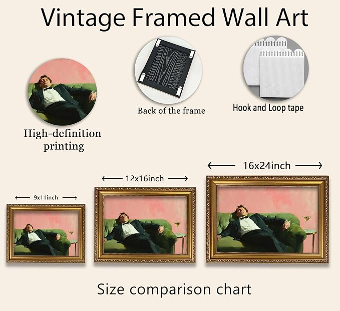 Vintage Gold Framed Bar Wall Art, Victorian Woman and Man on Couch with Martini Oil Painting Canvas Prints, Eclectic Cocktail Picture, Trendy Bar Cart Decor Poster Artwork for Kitchen Dining Room