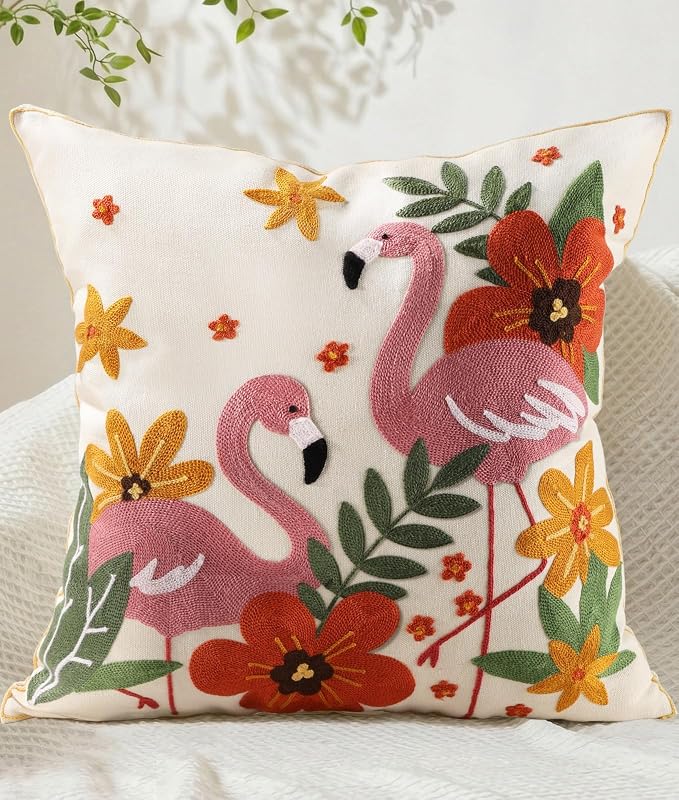 Embroidered Throw Pillow Cover 20x20 Inch - Summer Boho Decorative Pillow Cover with Zipper for Couch Sofa Living Room Farmhouse Cushion Pillowcase, Flamingos Floral