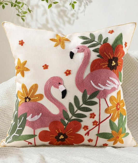 Embroidered Throw Pillow Cover 20x20 Inch - Summer Boho Decorative Pillow Cover with Zipper for Couch Sofa Living Room Farmhouse Cushion Pillowcase, Flamingos Floral